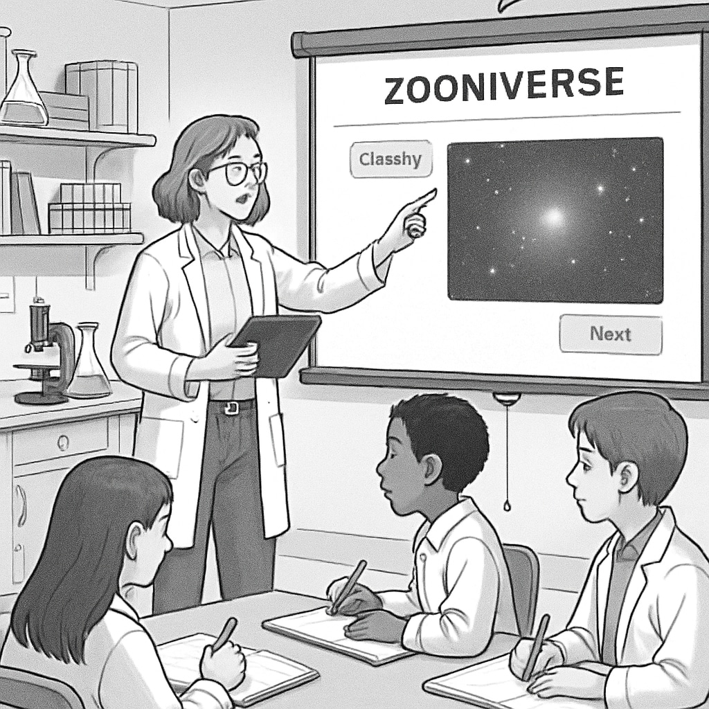 A teacher guiding students through a Zooniverse project using a tablet and a projector in a science lab. Teacher and students exploring a Zooniverse citizen science project in class.