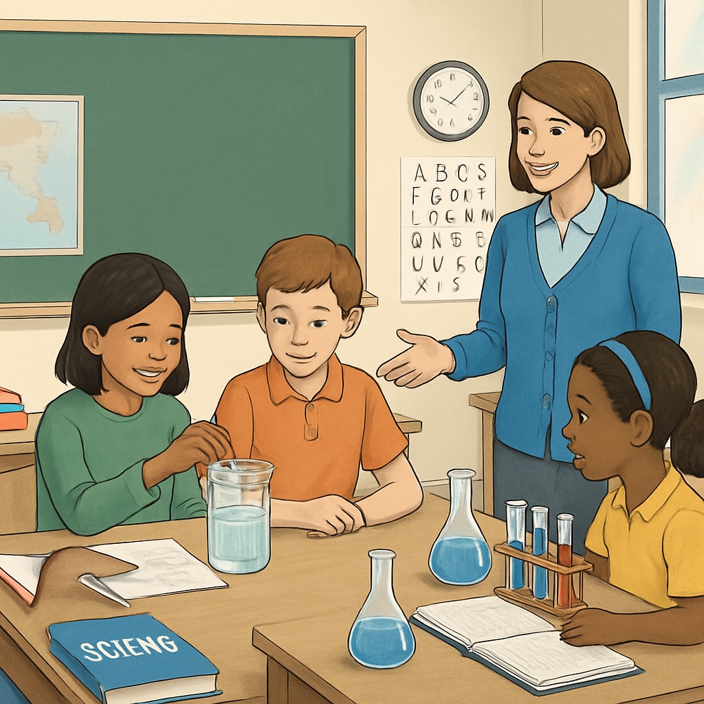 A brightly lit classroom with students and a teacher engaged in a hands-on science activity. The image conveys an interactive learning environment. Classroom with teacher and students engaged in hands-on learning in a public elementary school.