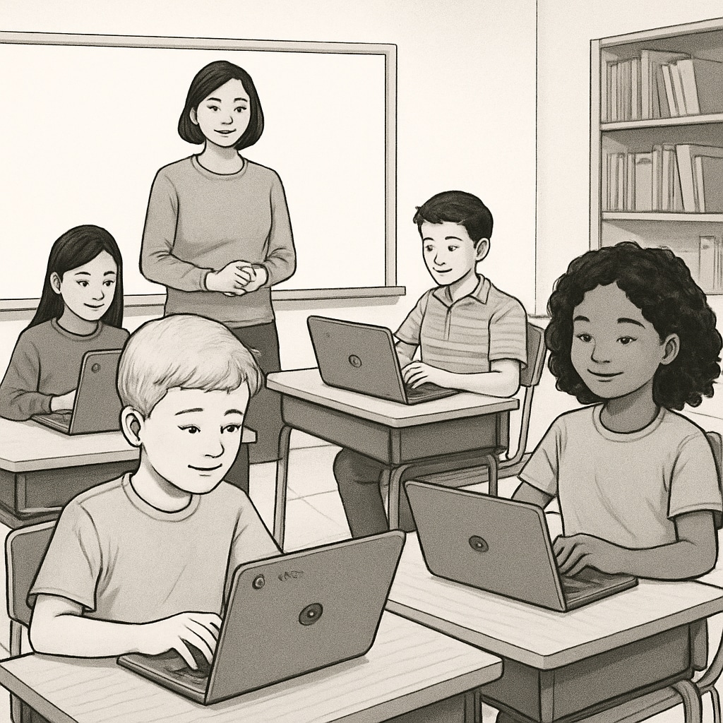 A classroom with students using Chromebooks, highlighting the integration of technology in education. Students using Chromebooks in a classroom setting, reflecting education technology.