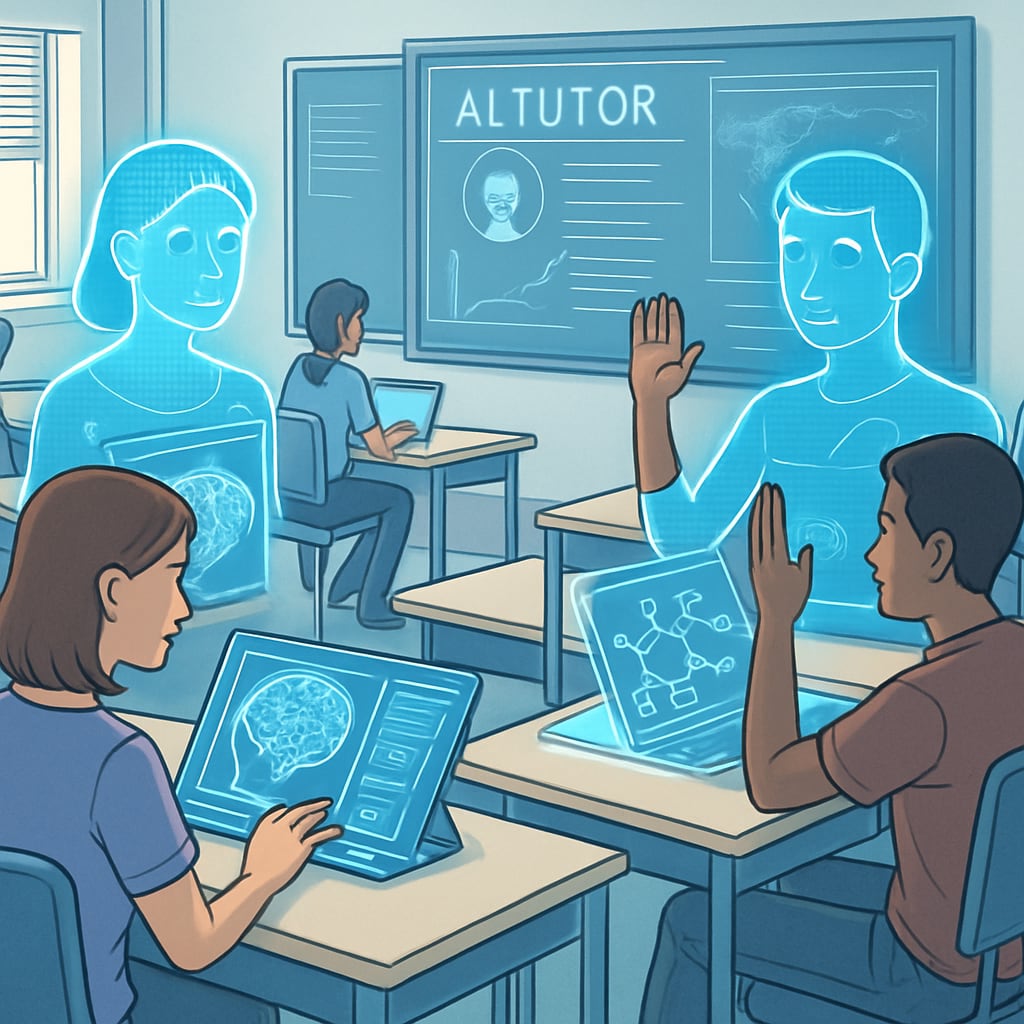 A futuristic classroom with holographic AI tutors assisting students in a collaborative learning session. A futuristic classroom with AI tutors and students in a collaborative environment.