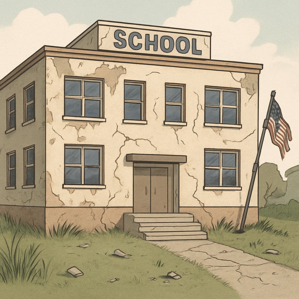 A school building with visible signs of disrepair, such as peeling paint and unkempt grounds. The image highlights potential warning signs for parents evaluating schools. Neglected school building as a red flag for public school quality evaluation.