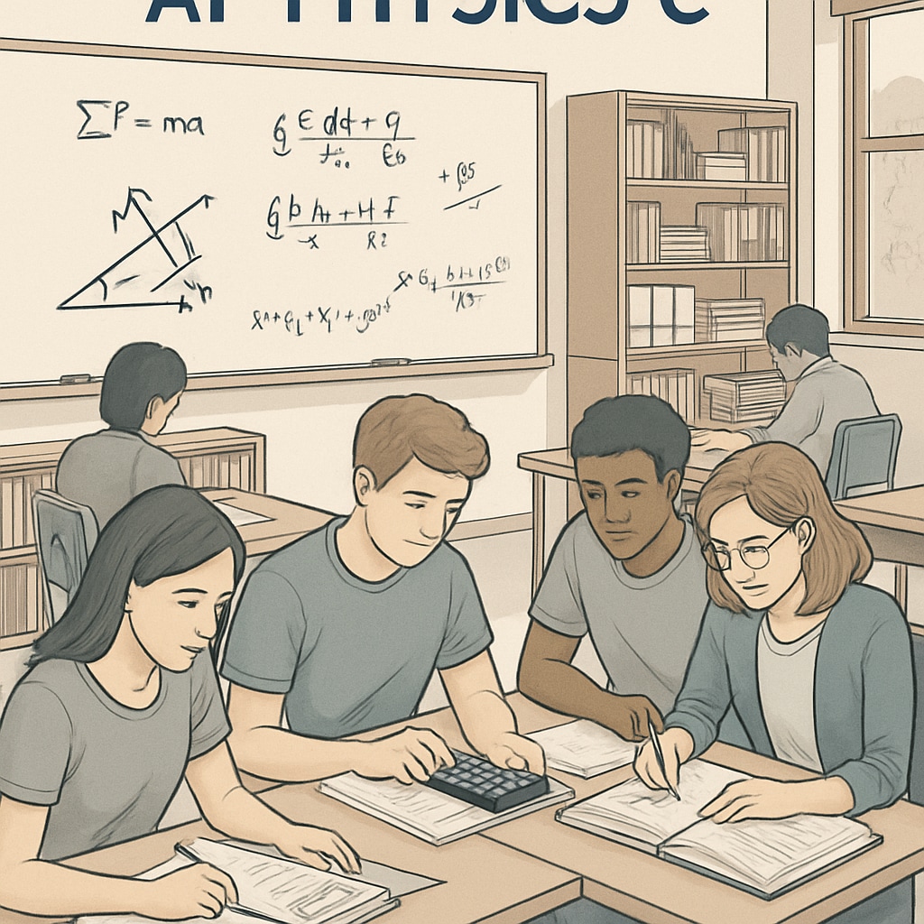 A high school classroom where students are actively engaged in AP Physics C assignments, emphasizing the rigor of advanced coursework. High school students working on AP Physics C assignments, highlighting teacher grading responsibilities.