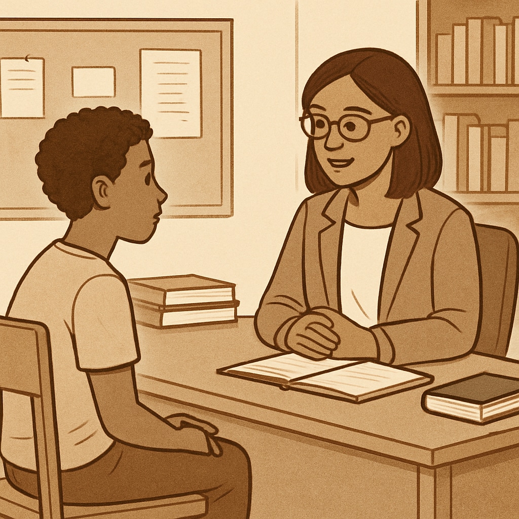 A student meeting with a school counselor, representing the importance of support systems in the grade appeal process. Student discussing grade appeals with a counselor in a supportive environment.