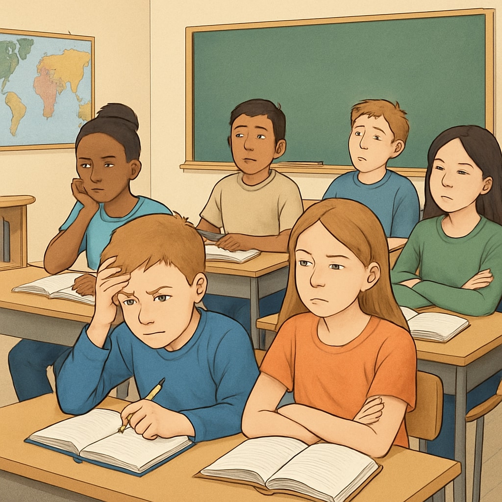 A classroom with diverse students, some looking pressured while others appear disengaged. A classroom scene showing the impact of the genius label on students.