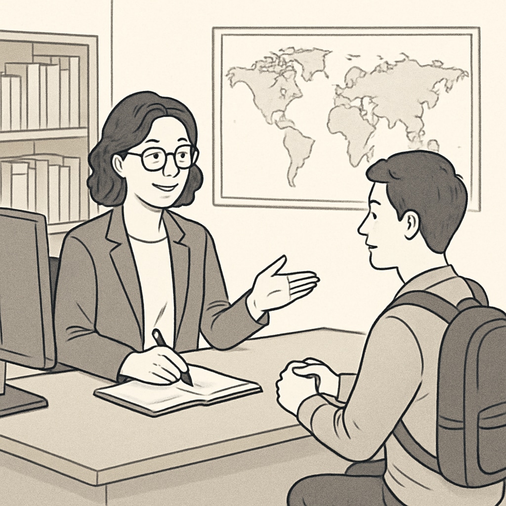 A professional consultant discussing study abroad options with a student in an office setting, representing personalized counseling services offered by agencies. Study abroad consultant discussing U.S. master's program options.