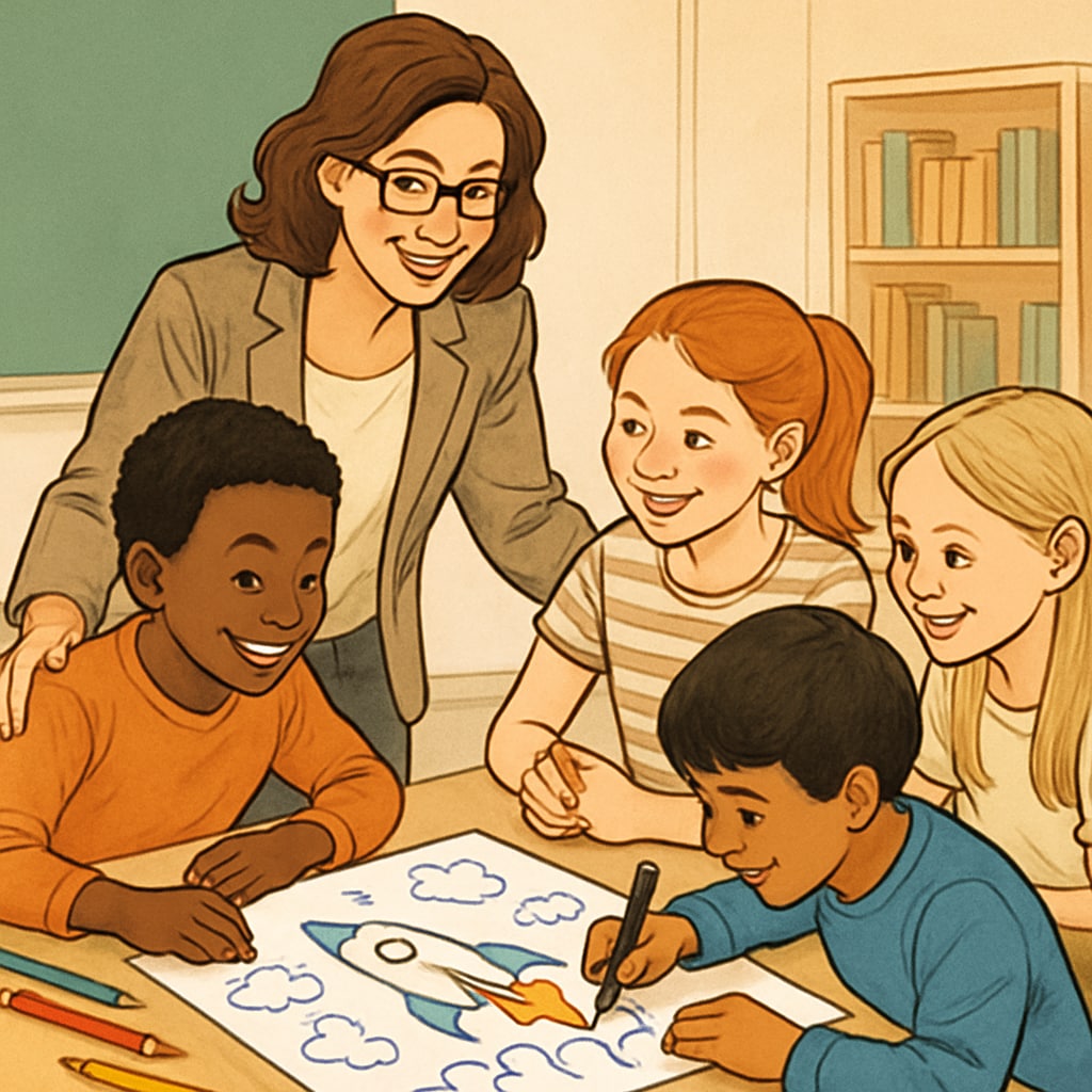 A teacher encouraging students to work collaboratively on a creative project, demonstrating inclusion. A teacher fostering a growth mindset in a diverse classroom.