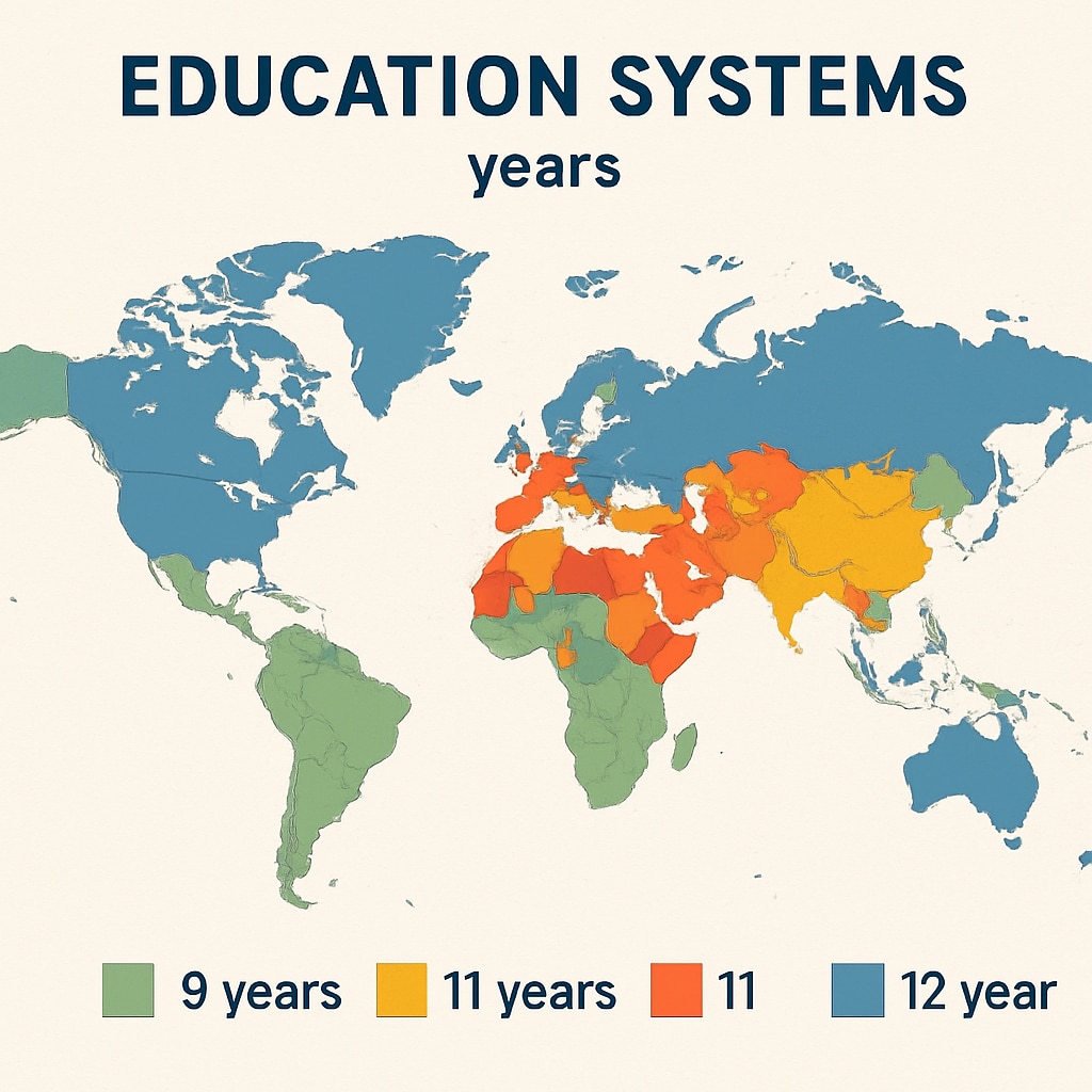 Map showing disparities in education systems worldwide, highlighting 10-year and 12-year systems.
