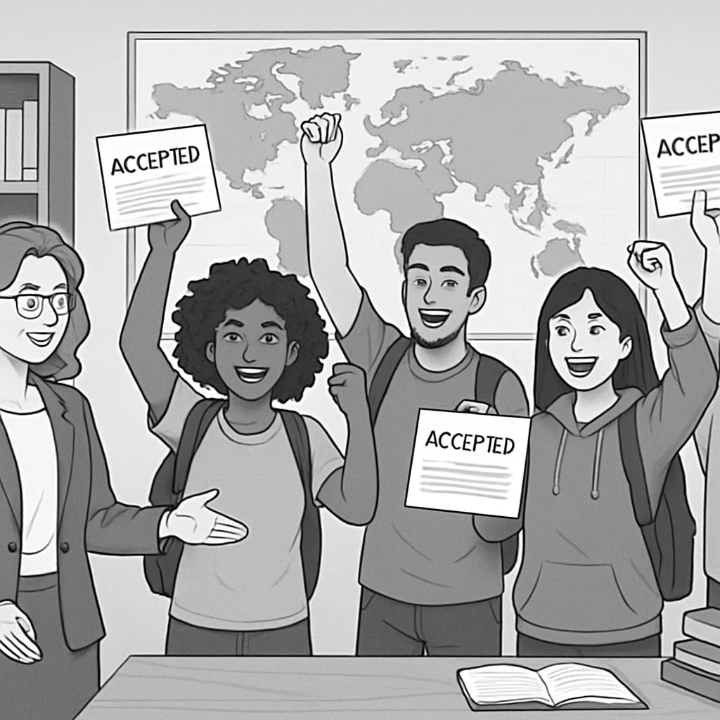 A diverse group of students celebrating their university acceptance with their study abroad consultant, showcasing the success agencies help achieve. Students celebrating acceptance into U.S. master's programs with their consultant.