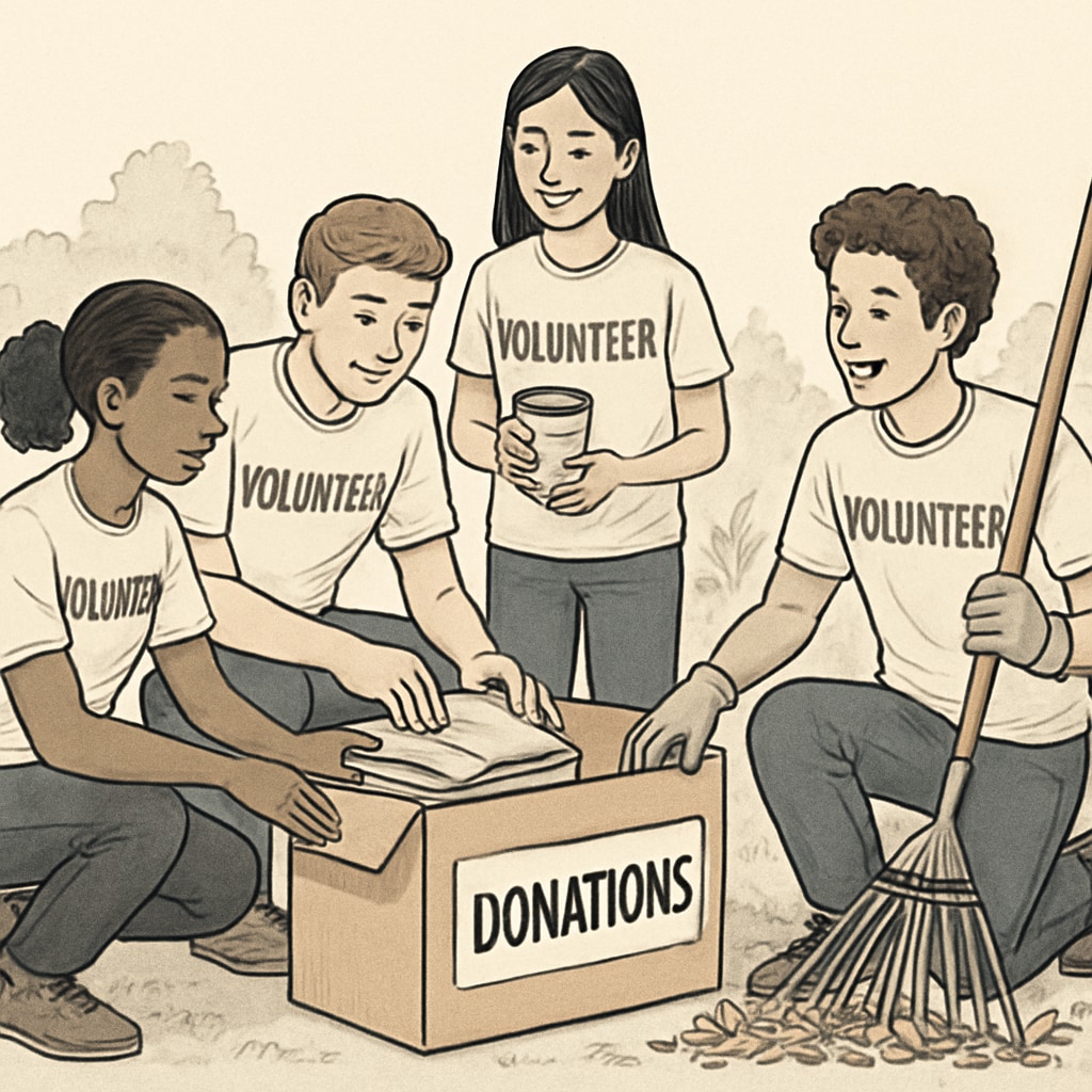 A group of diverse students working together on a community service project, symbolizing collaboration and empathy. Diverse students collaborating on a community project, emphasizing inclusivity and empathy.
