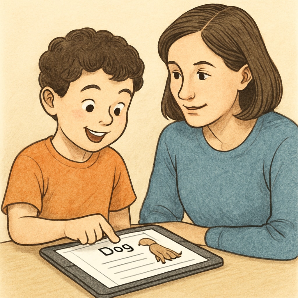 A child engaging with a digital reading app, smiling with curiosity, while a parent observes. Child using a children’s reading app with a parent, focusing on digital learning.