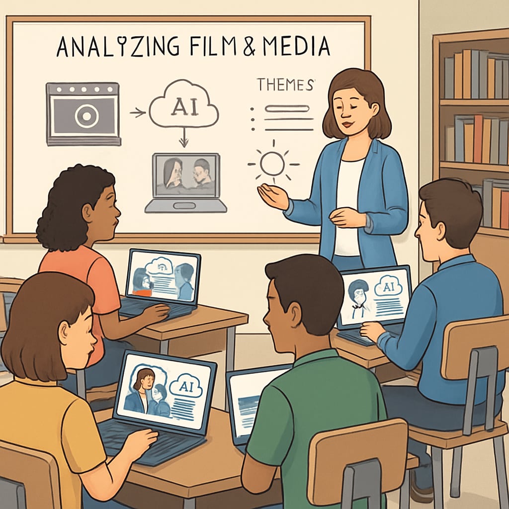 A classroom setting with students using laptops and AI tools to analyze film and media content. Students using AI tools for media literacy education in a classroom setting.