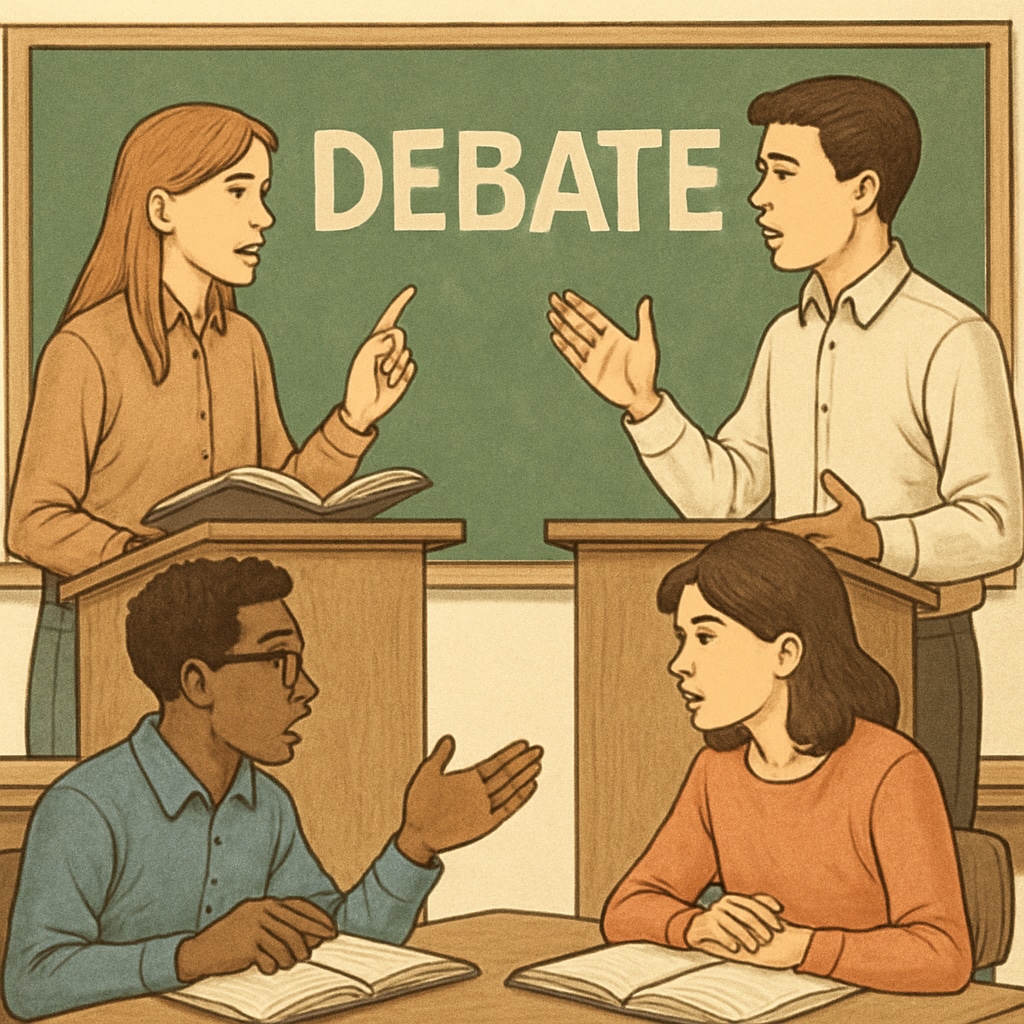 Students engaged in a debate competition, showcasing the importance of critical thinking and effective communication. Students participating in a debate competition, highlighting critical thinking and communication skills.