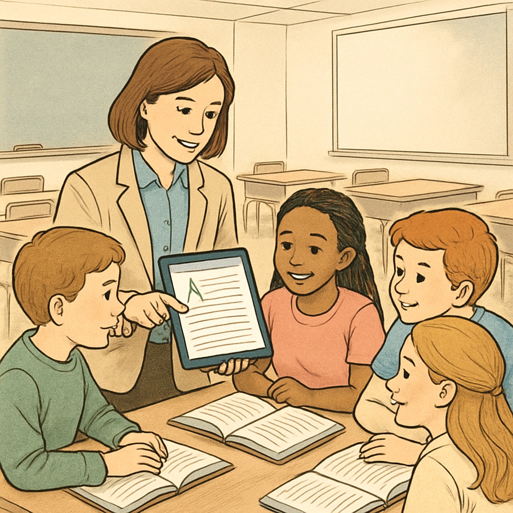 A teacher using a tablet to explain reading materials to a group of K12 students in a classroom setting. Teacher introducing a children’s reading app to K12 students in a classroom environment.