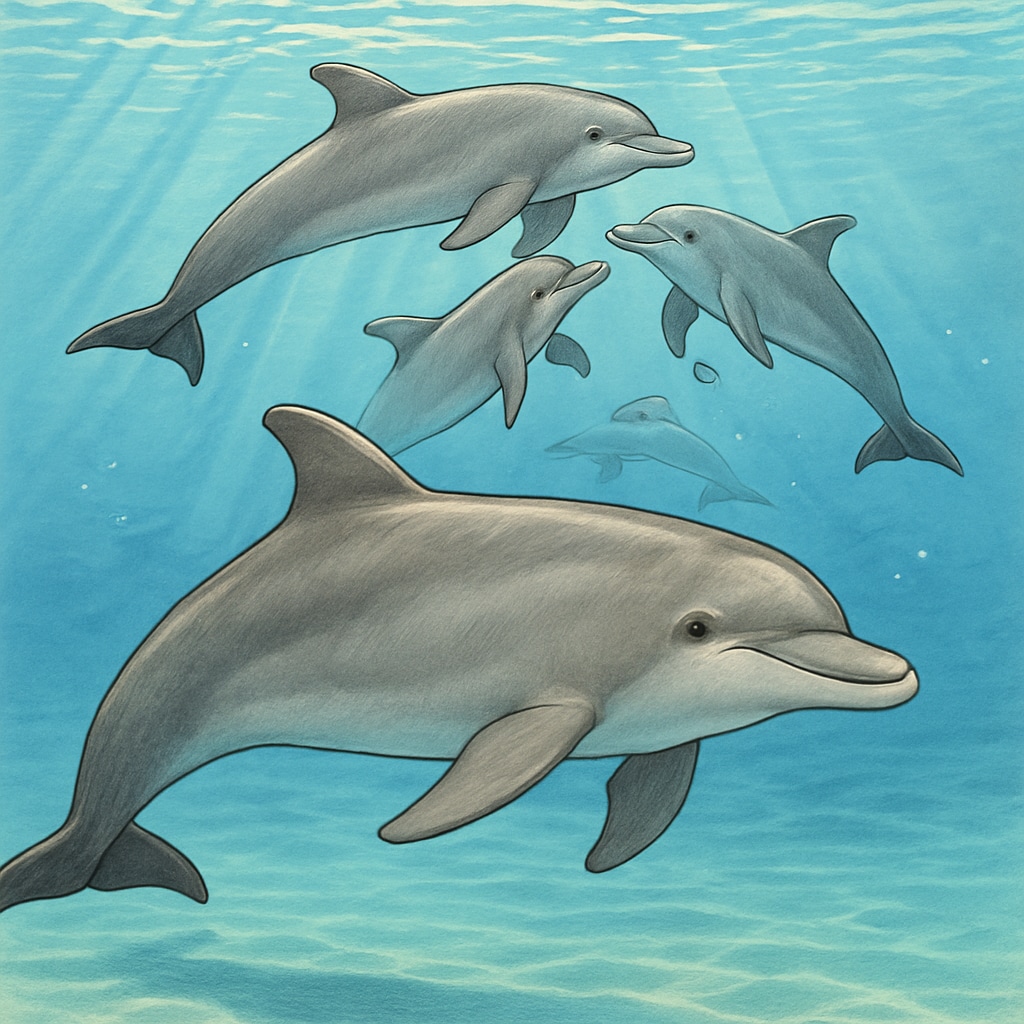 A group of bottlenose dolphins swimming in crystal-clear ocean waters. The image highlights their distinct physical features and social behavior. Bottlenose dolphins in ocean waters - a marine biology study