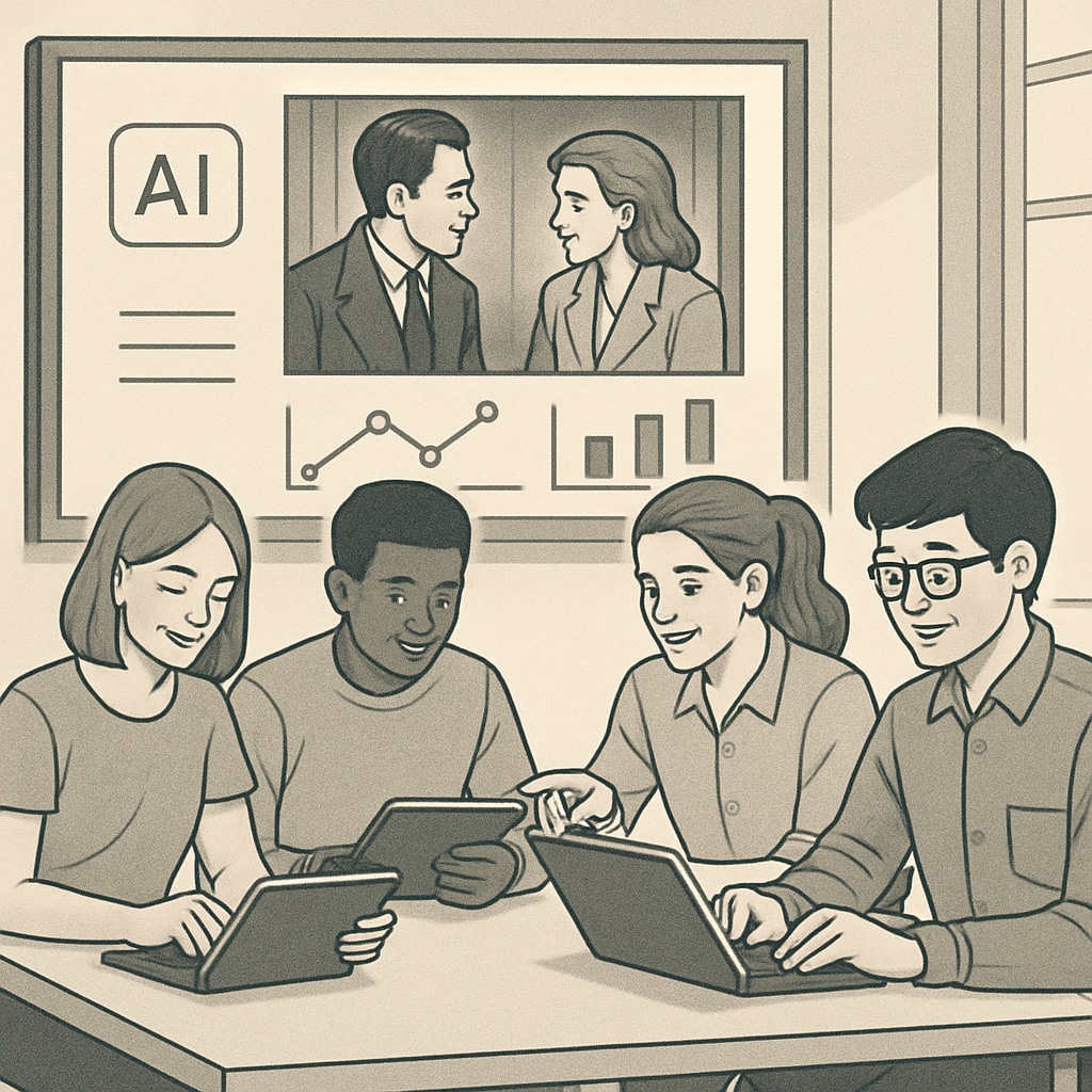 Students working collaboratively in groups, utilizing AI tools on tablets to analyze a movie scene. Students collaborating to analyze media content using AI-driven tools.