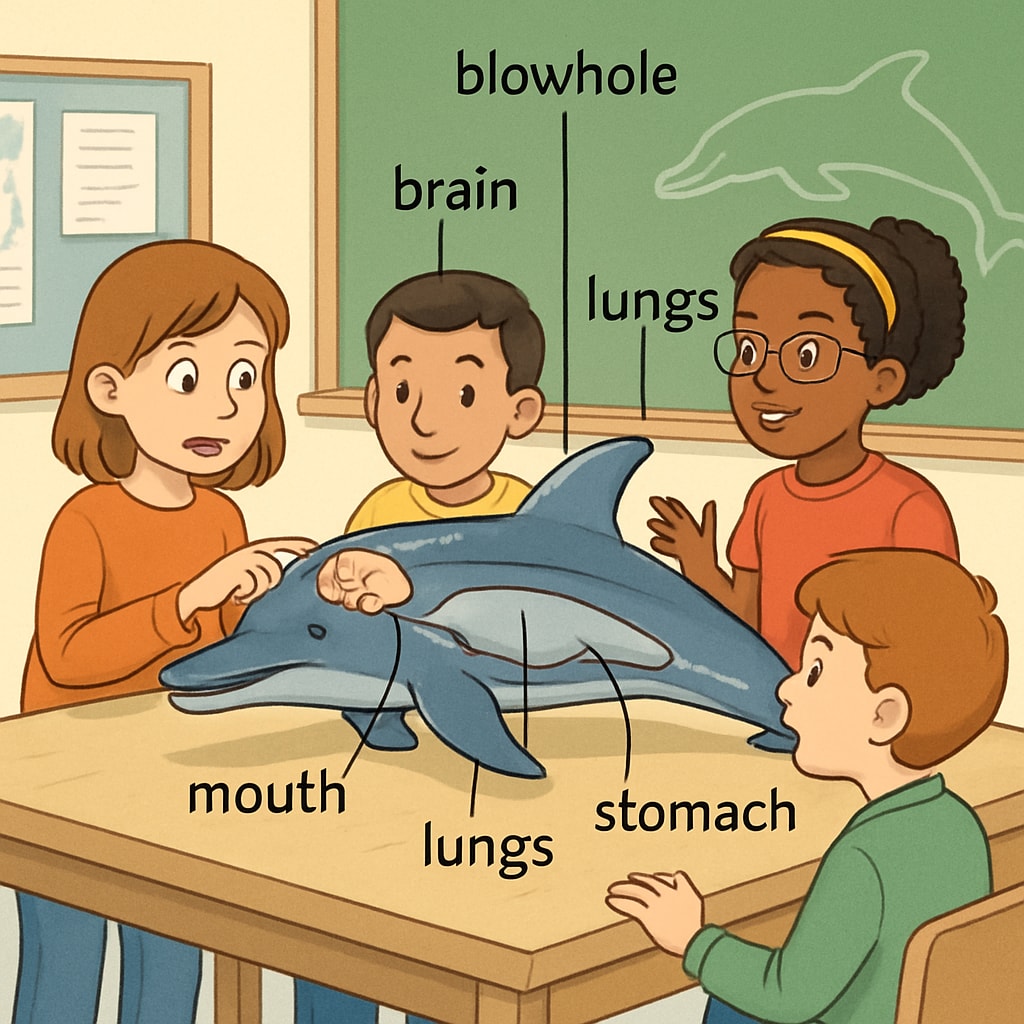 A classroom setting with children examining a 3D model of a dolphin while discussing its anatomy. The image illustrates interactive learning. Students learning dolphin anatomy through a classroom model