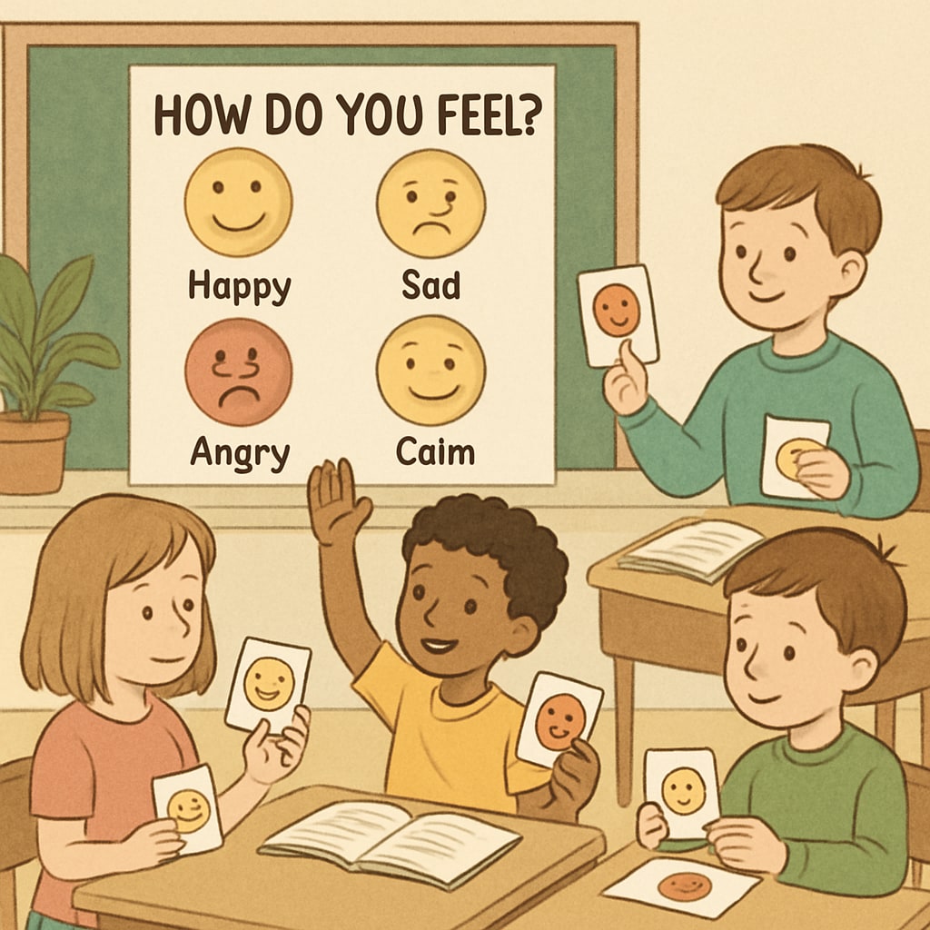 A group of children learning emotional regulation techniques in a classroom setting, such as identifying emotions through visual aids. Children practicing emotional regulation in a classroom environment
