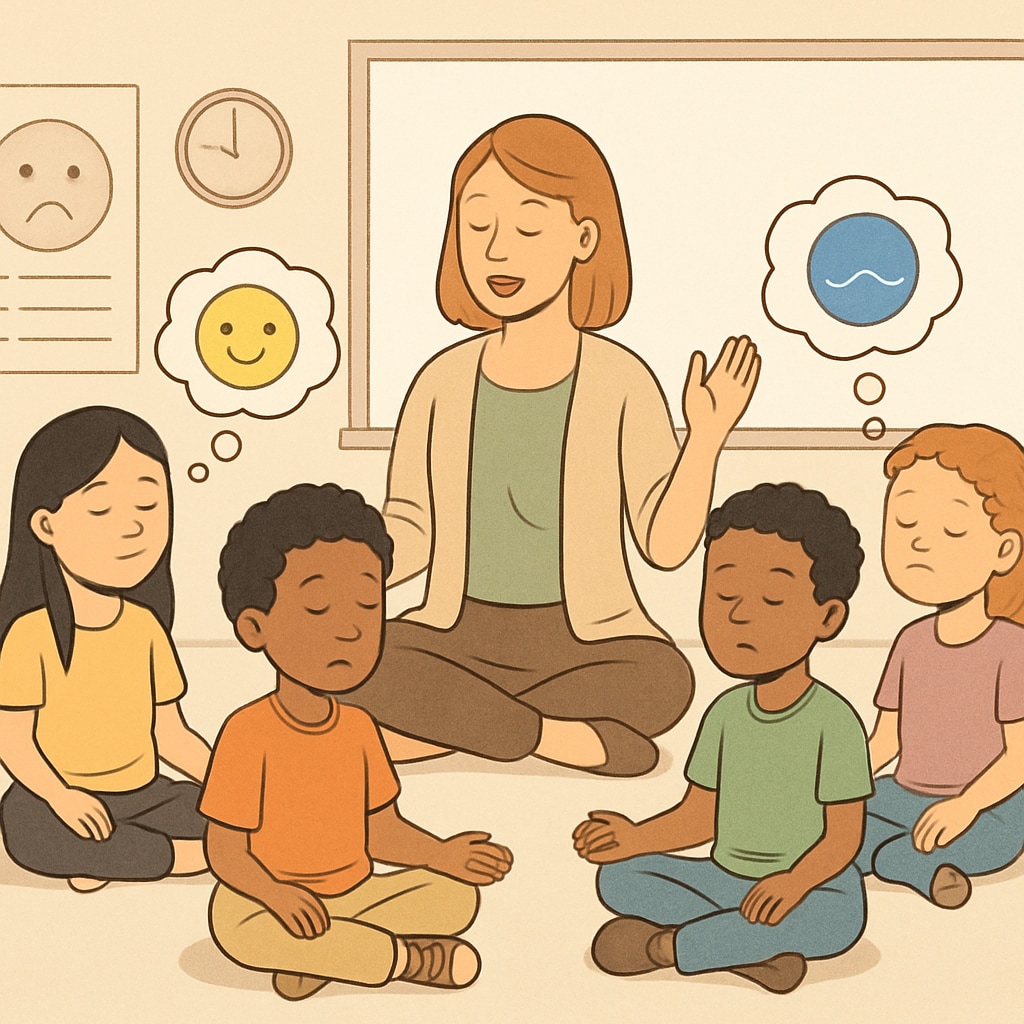 A teacher guiding students through a mindfulness exercise, helping them recognize and manage their emotions effectively. Teacher leading a mindfulness session for children