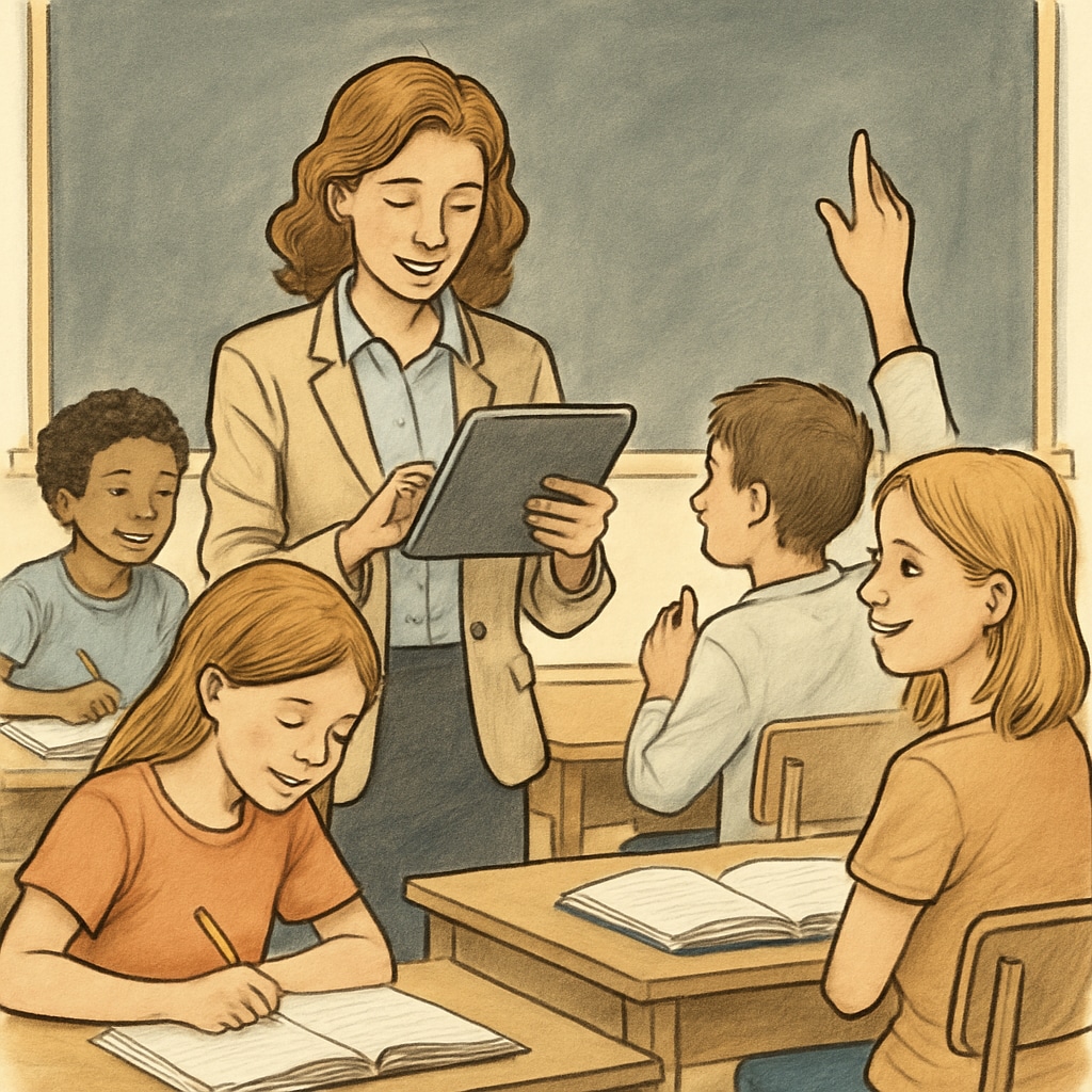 A teacher using a tablet in a classroom setting, with students engaged in learning activities. Teacher using EdChanger Pro educational app in a classroom environment.
