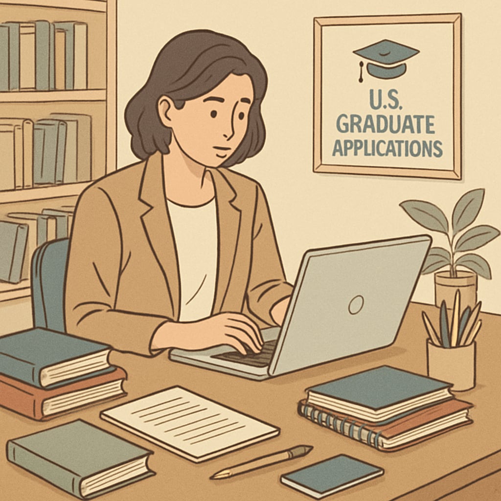 A teacher working on a laptop at home, symbolizing the preparation and planning required for U.S. graduate applications. Educator preparing for U.S. graduate school applications at home.