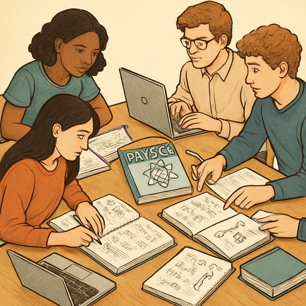 A group of students studying physics together, with textbooks, notes, and laptops spread across a table. Students studying physics with notes and laptops, focusing on time management for backlogged coursework.