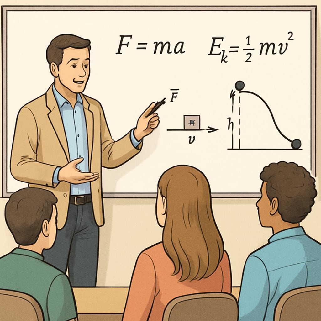 A tutor explaining physics equations and diagrams on a whiteboard to a small group of students. Physics tutor explaining equations to help students manage backlogged coursework effectively.