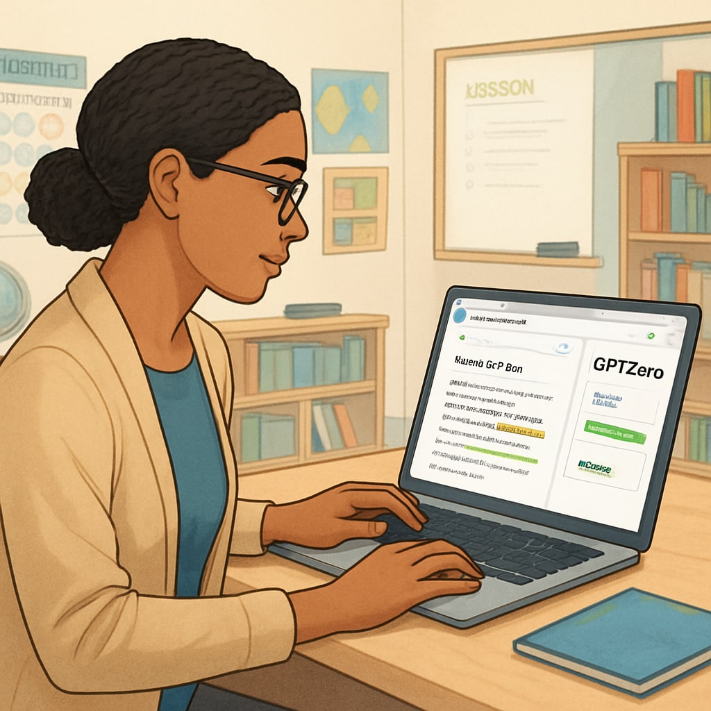 A teacher using GPTZero on a laptop to review a student's writing process in Google Docs. Teacher using GPTZero to monitor student writing and ensure academic integrity.