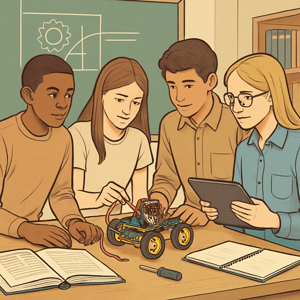 High school students working on a hands-on STEM project in a classroom setting, representing the integration of CTE into academic subjects. Students engaging in a STEM project as part of a CTE program.