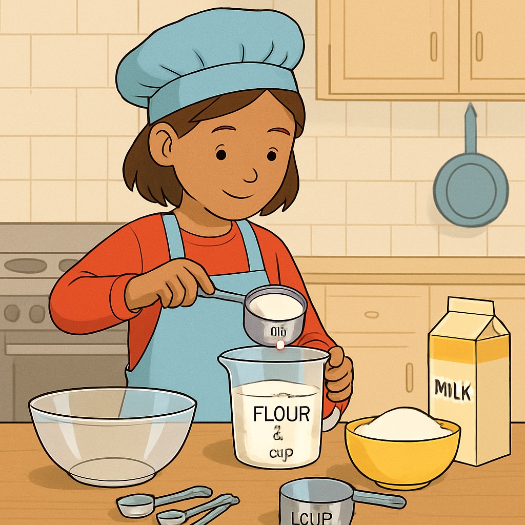 Child measuring ingredients for cooking with math applications.