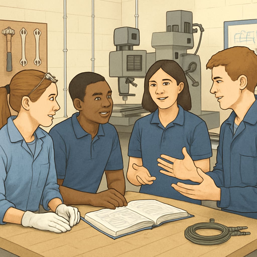 Students collaborating in a vocational workshop, discussing real-world applications of their coursework, highlighting the impact of CTE on traditional education. Students in a workshop demonstrating the connection between CTE and academic learning.