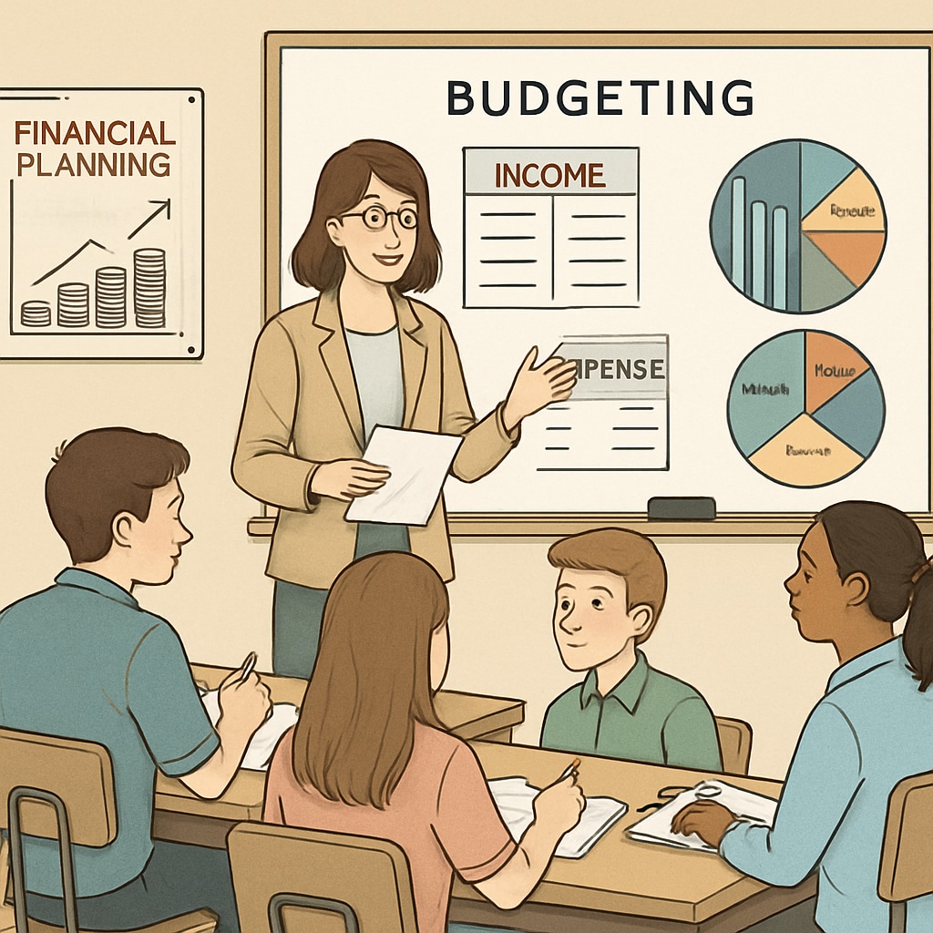 A classroom with students learning about budgeting and financial planning. Students in a classroom discussing financial literacy and budgeting.
