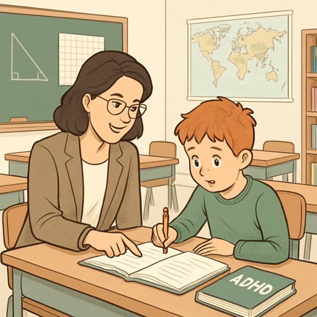A classroom environment where a teacher is offering personalized guidance to a student with ADHD. Teacher assisting an ADHD student with personalized learning in a classroom.