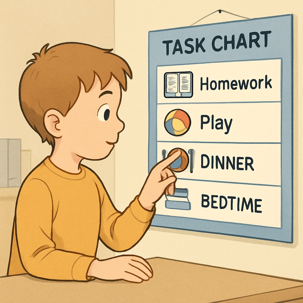 A young child with ADHD using a visual task chart to organize daily activities. ADHD child using a task chart for executive function support.