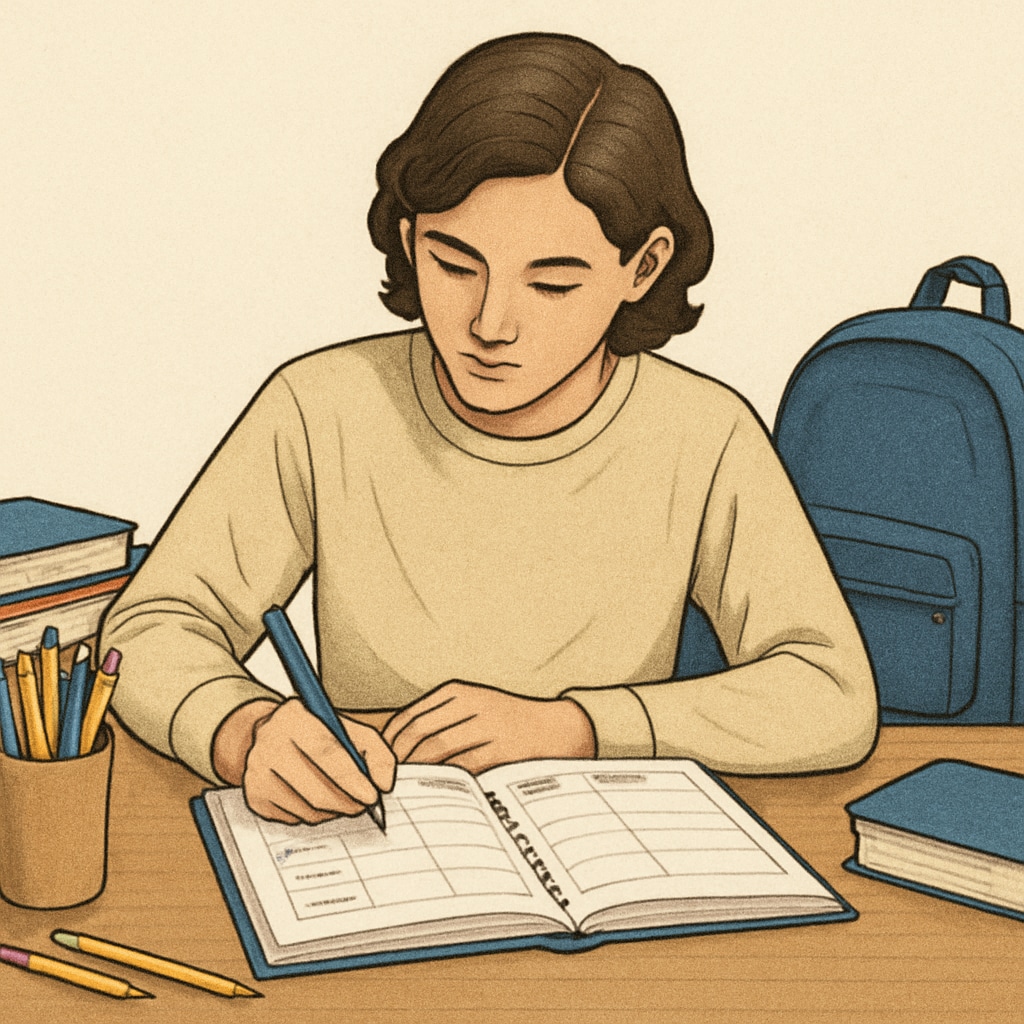A high school student using a planner to manage their daily tasks. A student writing in a planner to organize their time effectively.
