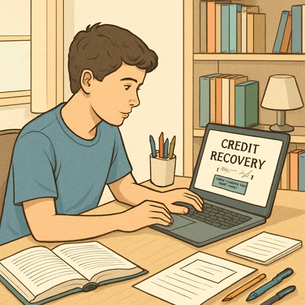 A student working on an online credit recovery program at home, focusing on a laptop. High school student engaged in online credit recovery coursework.