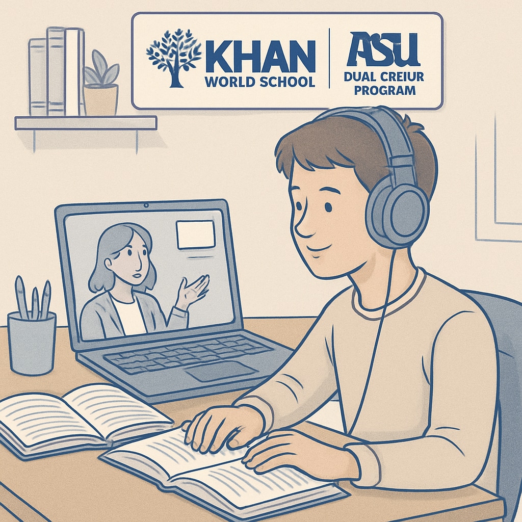 A student engaged in an online class with Khan World School and ASU's dual credit program, sitting at a desk with a laptop, books, and headphones. Student participating in Khan World School and ASU dual credit online class.