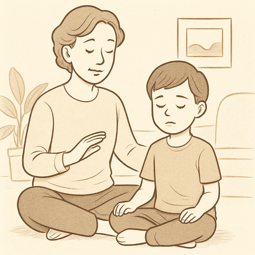A parent guiding their child through a mindfulness exercise, promoting emotional regulation. Parent teaching mindfulness to support emotional regulation in special needs education.