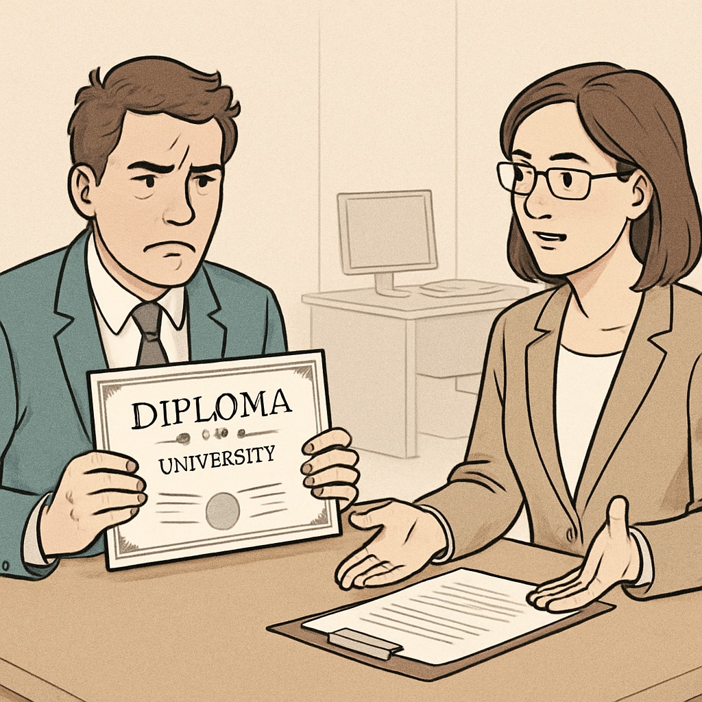 A professional job interview taking place, with a visibly frustrated candidate holding their university diplomas. A job applicant with university degrees rejected due to lacking a high school diploma.