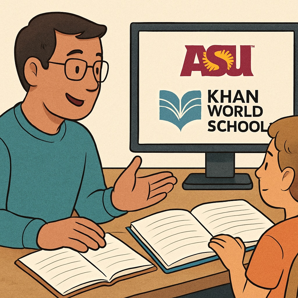 A parent and child discussing an online curriculum, with the ASU logo and Khan World School branding visible on a computer screen. Parent and child reviewing Khan World School and ASU dual credit options.