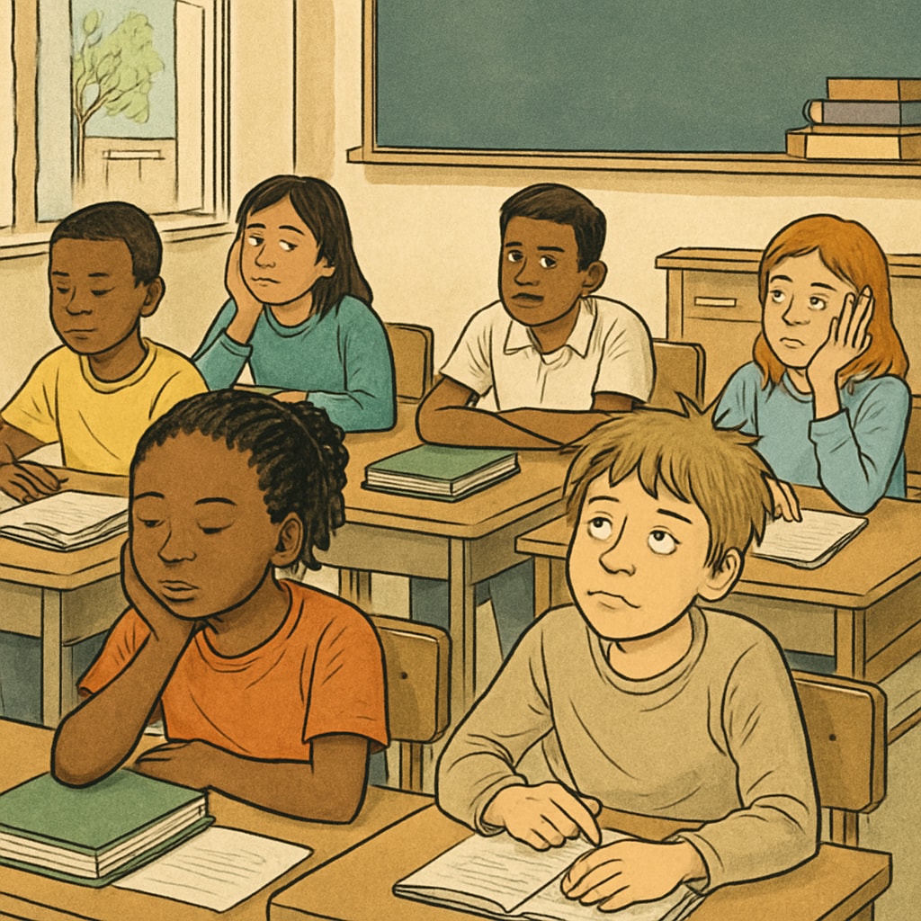 A diverse classroom with students appearing disengaged, representing global educational challenges. Students in a classroom looking bored, representing global educational fatigue.