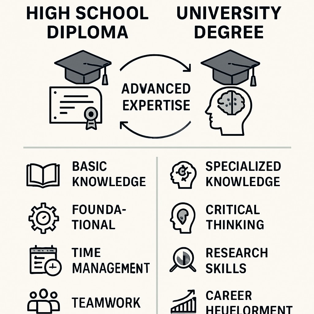An infographic comparing the skills gained through high school diplomas versus university degrees, emphasizing the advanced expertise offered by higher education. A visual comparison highlighting the education paradox between high school and university qualifications.