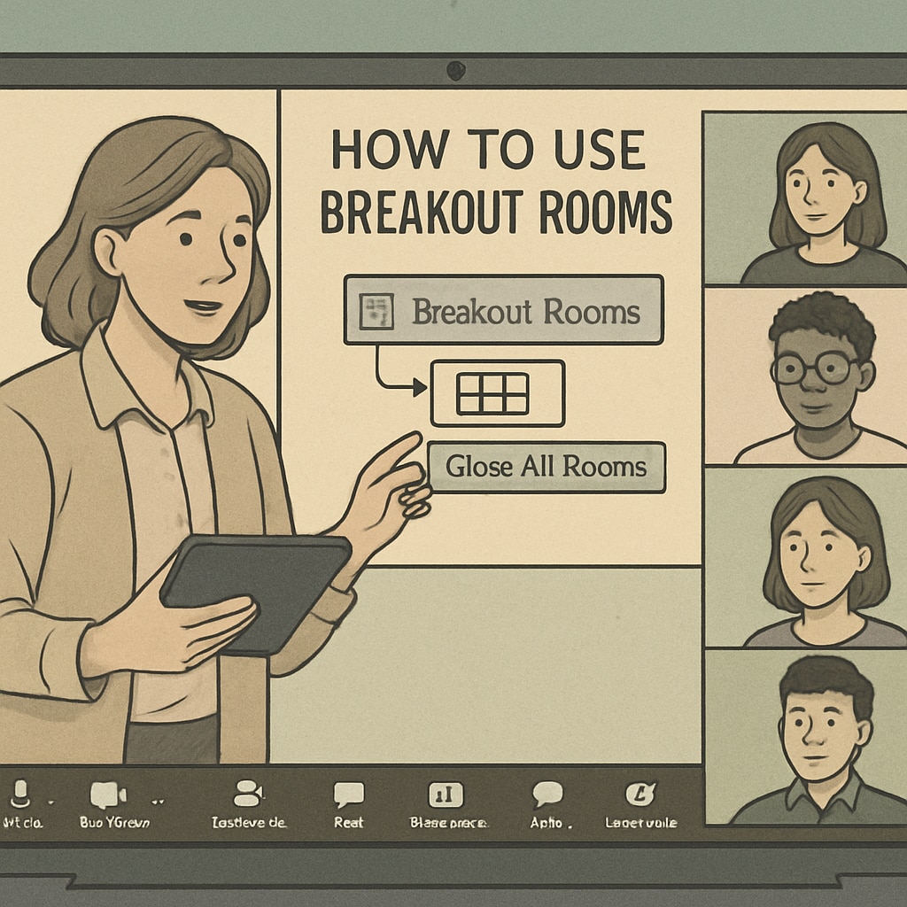 A teacher demonstrating REZoom breakout rooms to a group of students on a virtual platform. A teacher using REZoom breakout rooms for interactive group activities.