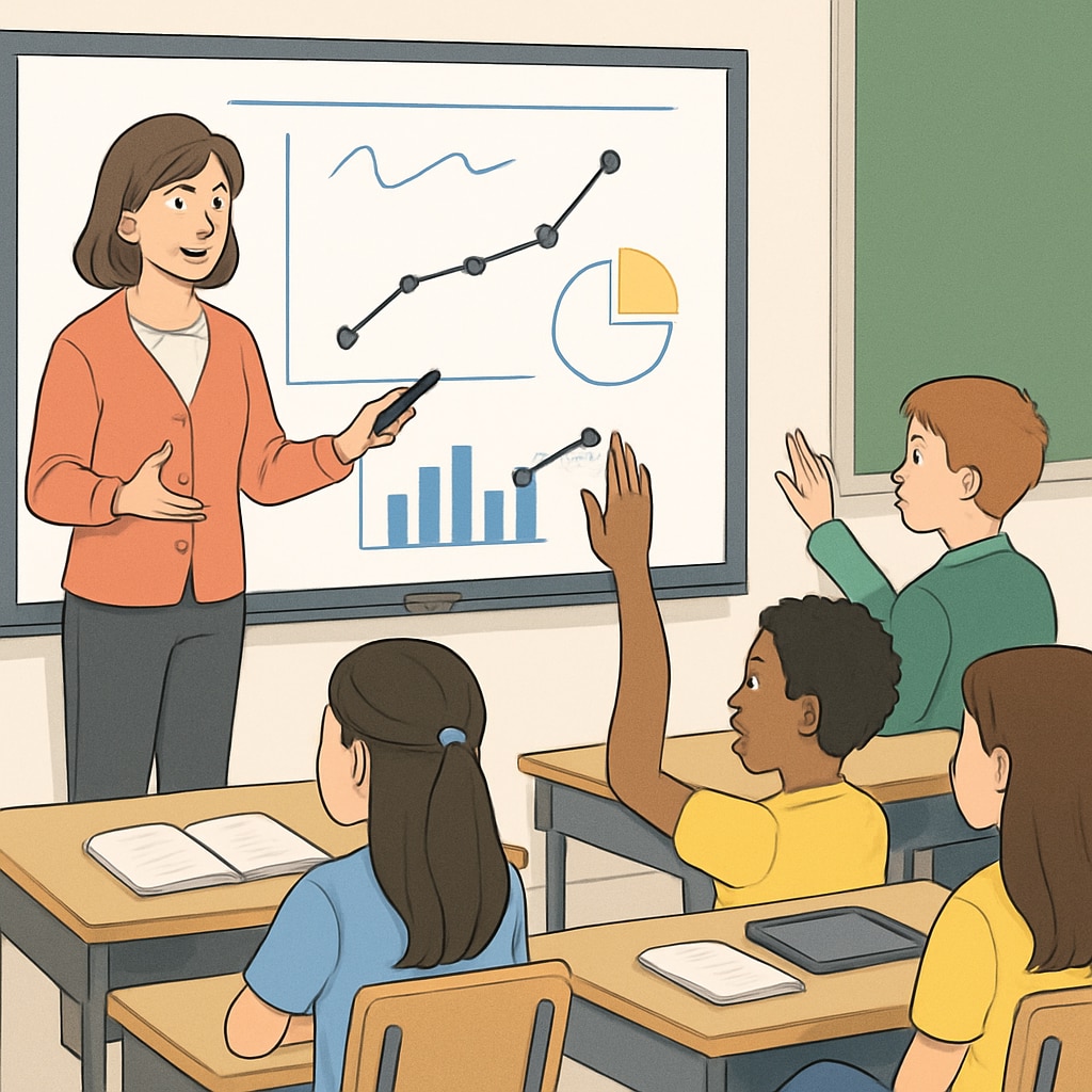A teacher using interactive technology in a classroom, with students actively participating. A teacher using technology to engage students in a classroom setting.