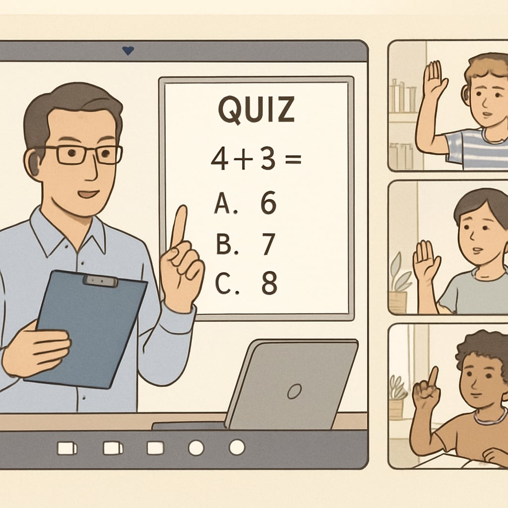 A screenshot showing a teacher conducting a quiz on REZoom with students actively participating. A REZoom quiz session with students engaging in real-time.