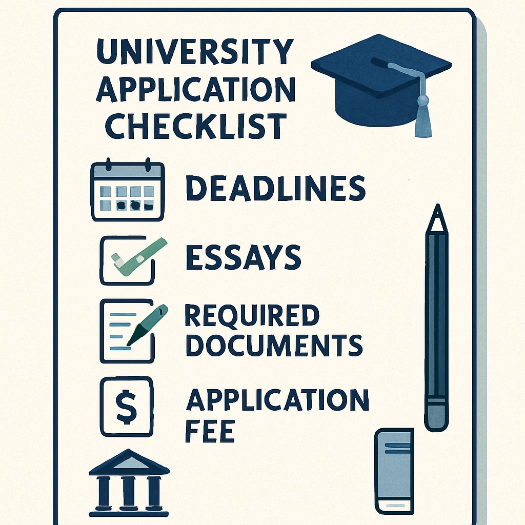 A checklist for university applications, highlighting key steps such as deadlines, essays, and required documents. University application checklist with deadlines and tasks.