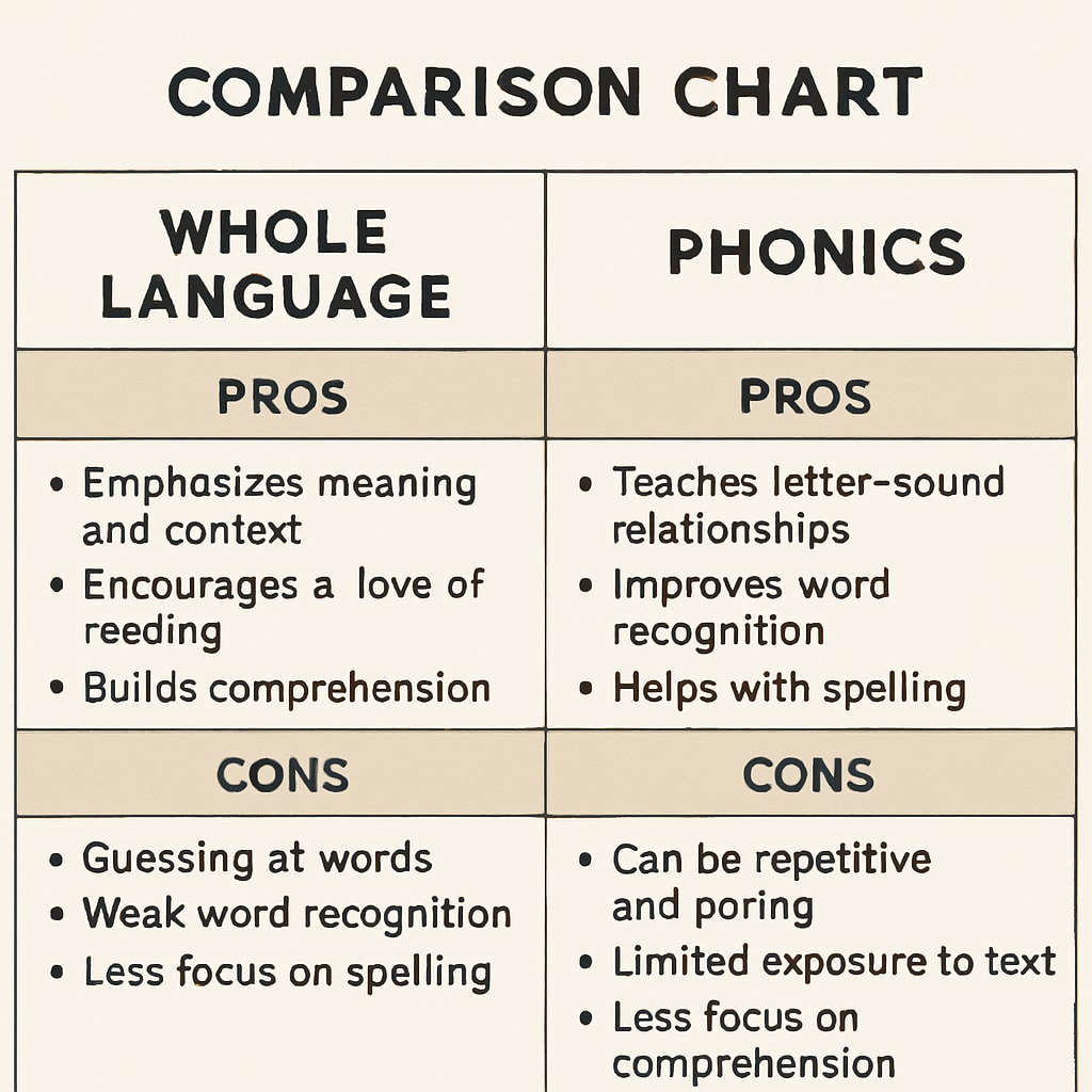 A comparison chart showing the differences between whole language and phonics approaches in reading education, labeled with pros and cons for each method. Comparison chart highlighting the pros and cons of whole language and phonics methods in reading education.