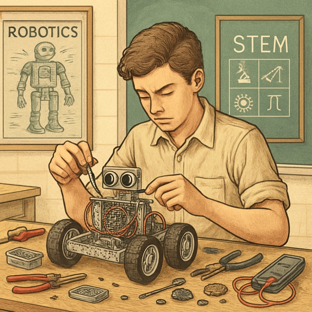 A high school student working on a robotics project, symbolizing early exploration in STEM fields. High school student engaged in robotics project, foundational STEM education.