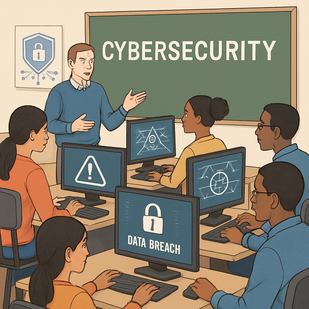 A classroom of cybersecurity students working on real-world simulations, representing the integration of practical skills and academic learning. Cybersecurity students in a classroom, working on simulations to acquire hands-on skills.