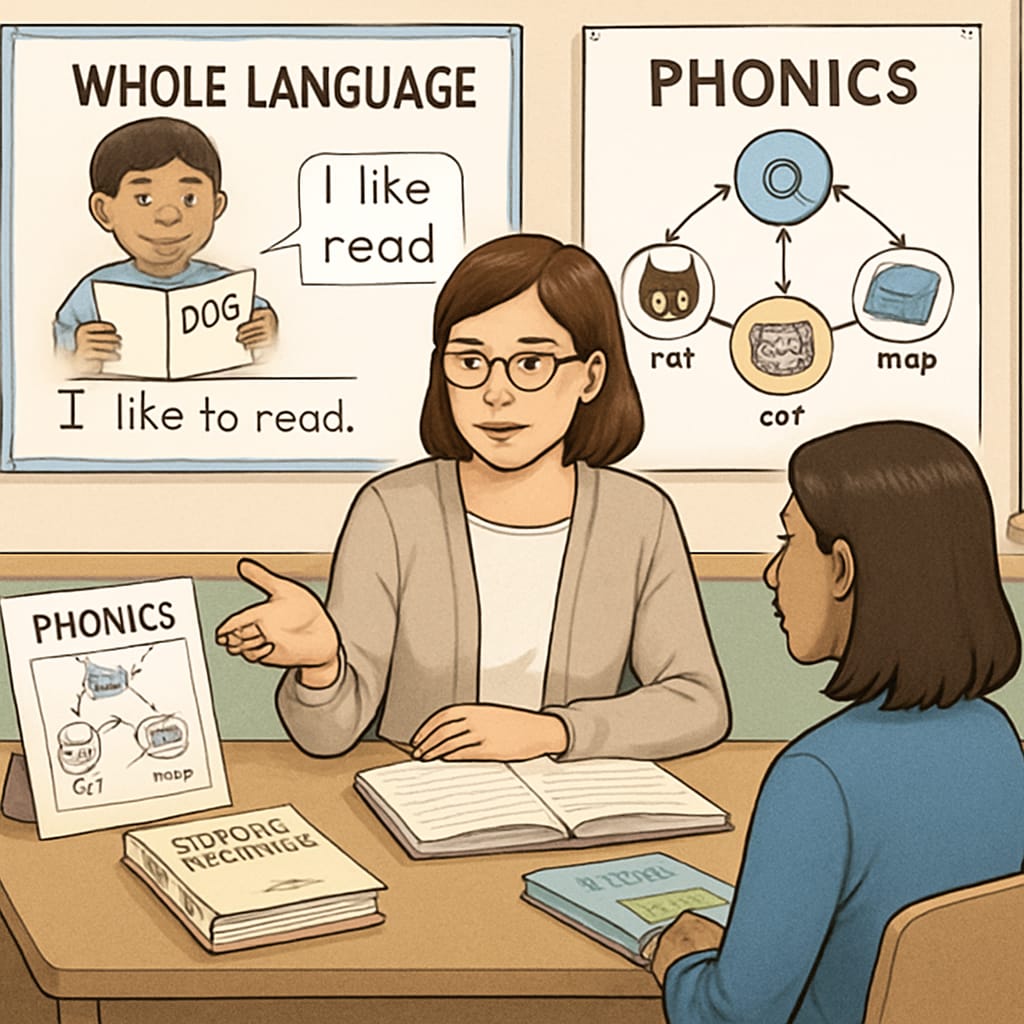 A teacher conducting a parent-teacher conference, discussing reading strategies with visual aids that explain whole language and phonics methods. Teacher explaining whole language and phonics reading strategies during a parent-teacher conference.