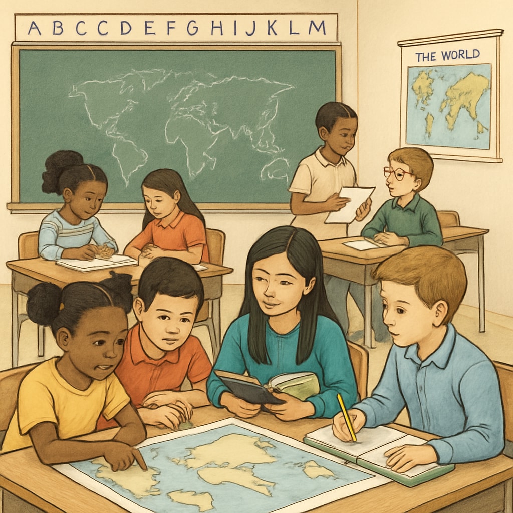 A diverse classroom of students engaging in group activities, symbolizing global education foundations. Students in a classroom representing international education.